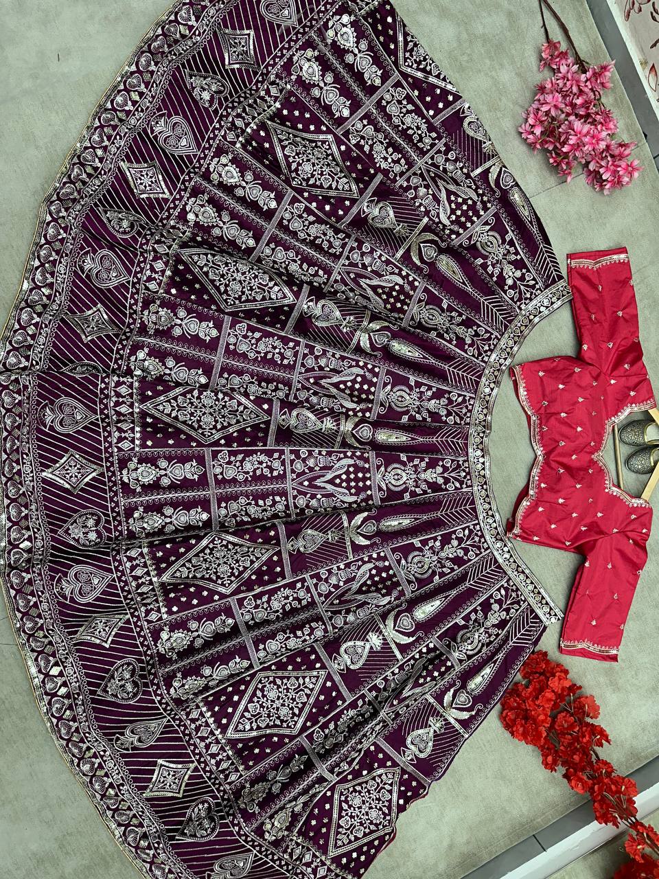 Wine Color Jalpari Silk Embroidered Lehenga Choli