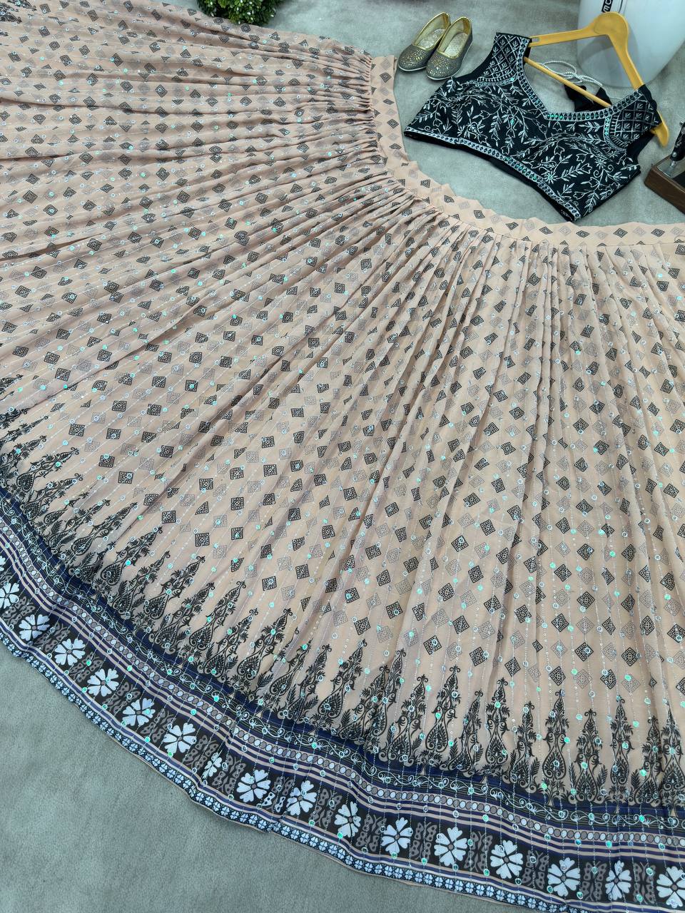 Cream Color Georgette Sequence 4 Meter Flair Lehenga Choli