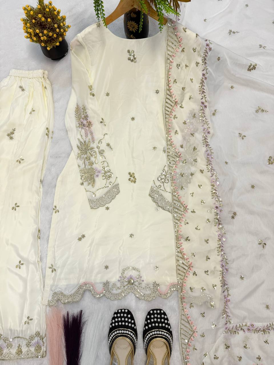 Premium Natural Crepe Silk Sharara Suit with Multi-Needle Sequence Embroidery