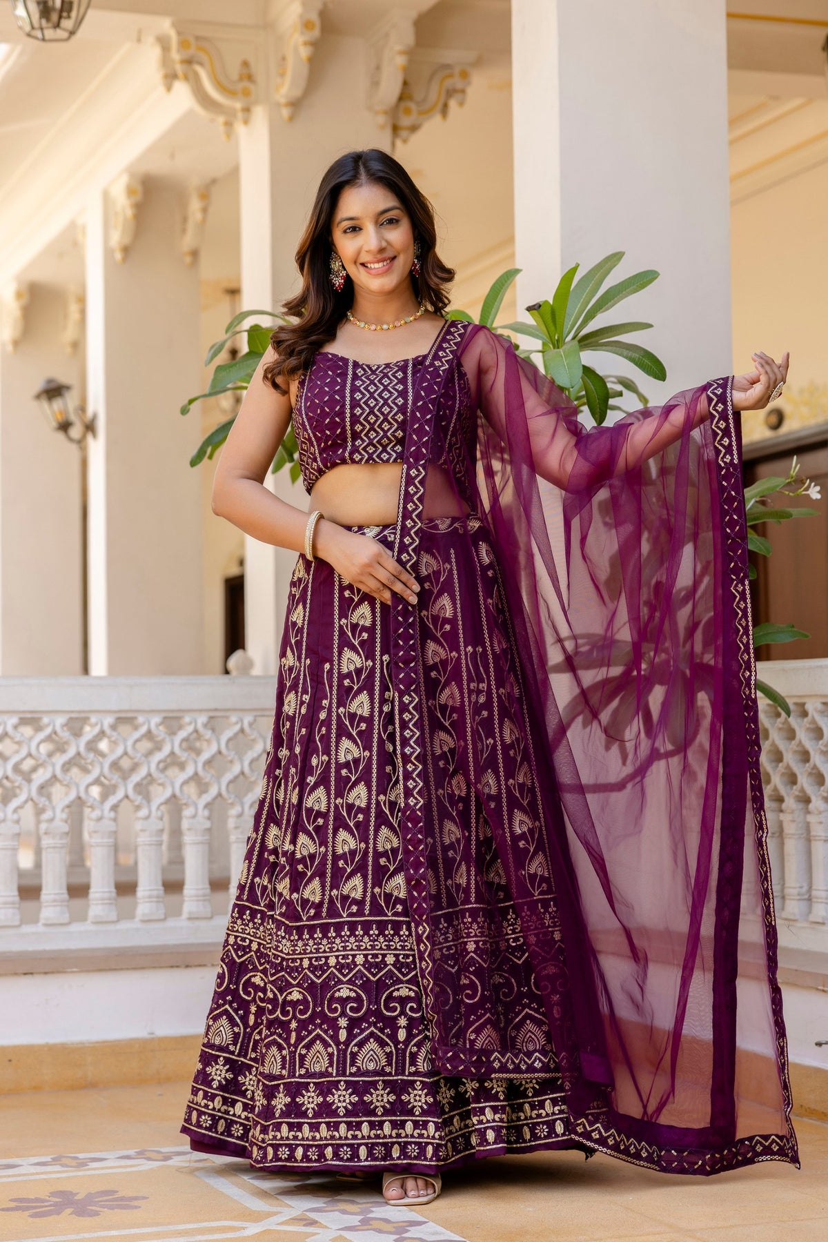 Wine Color Georgette Sequence Lehenga Choli