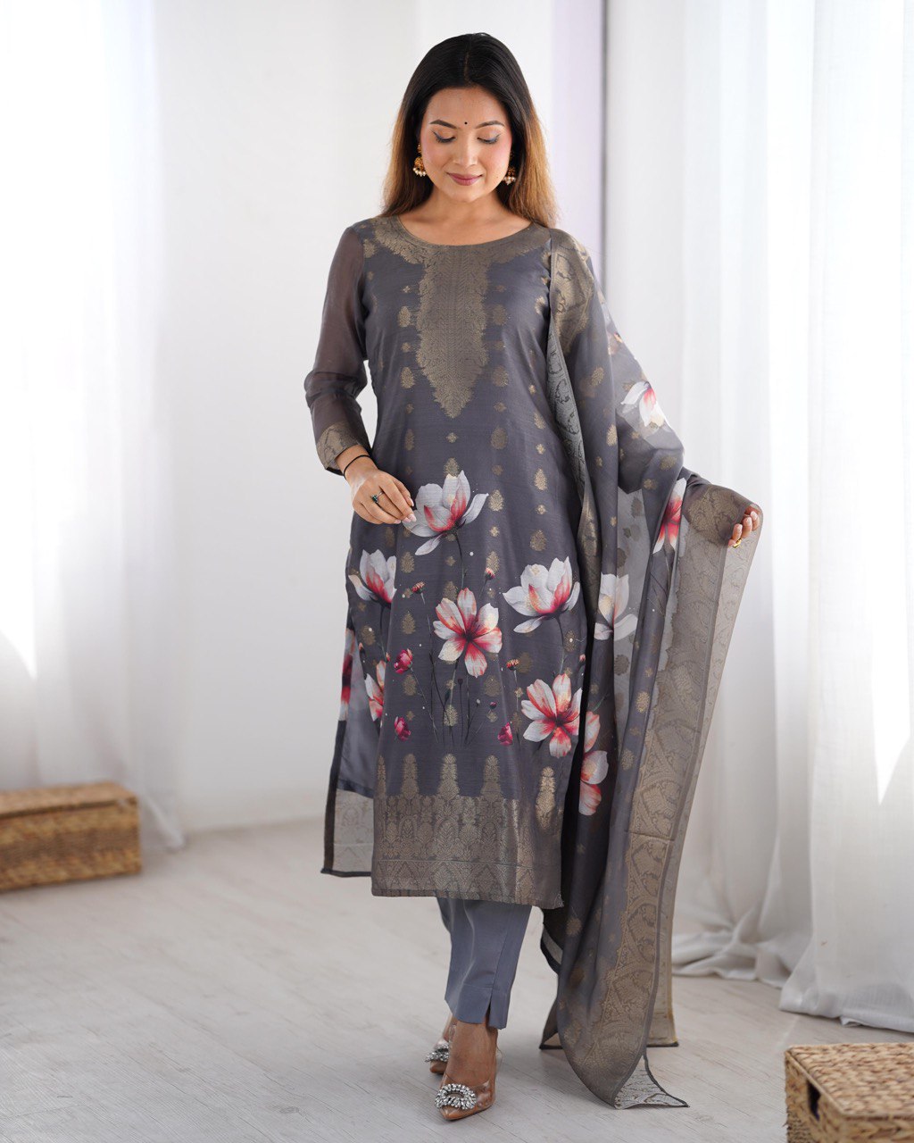 Latest Chanderi Silk Printed Top Pent Dupatta