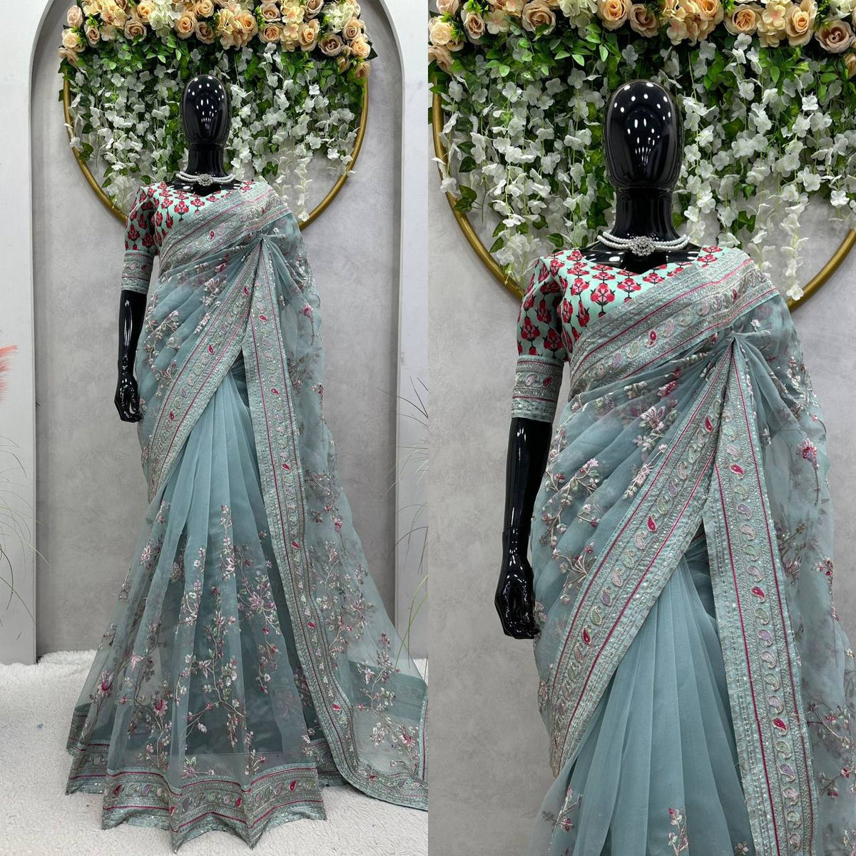 Party Wear Sea Green Color Organza Silk Sequence Thread Printed Work Saree Blouse