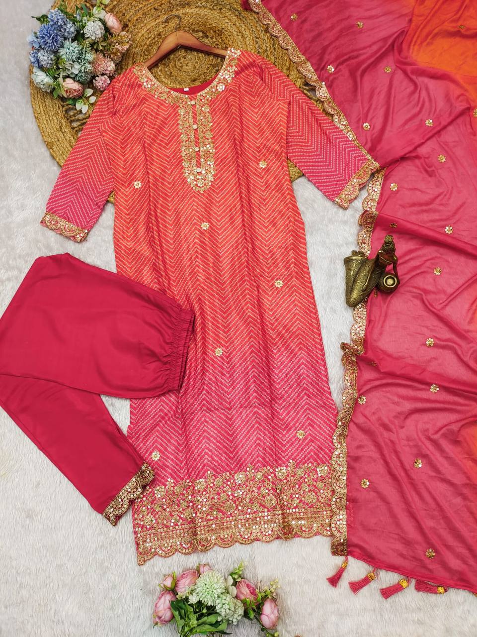 Designer Chinon Sequence Top Dupatta Pent Set