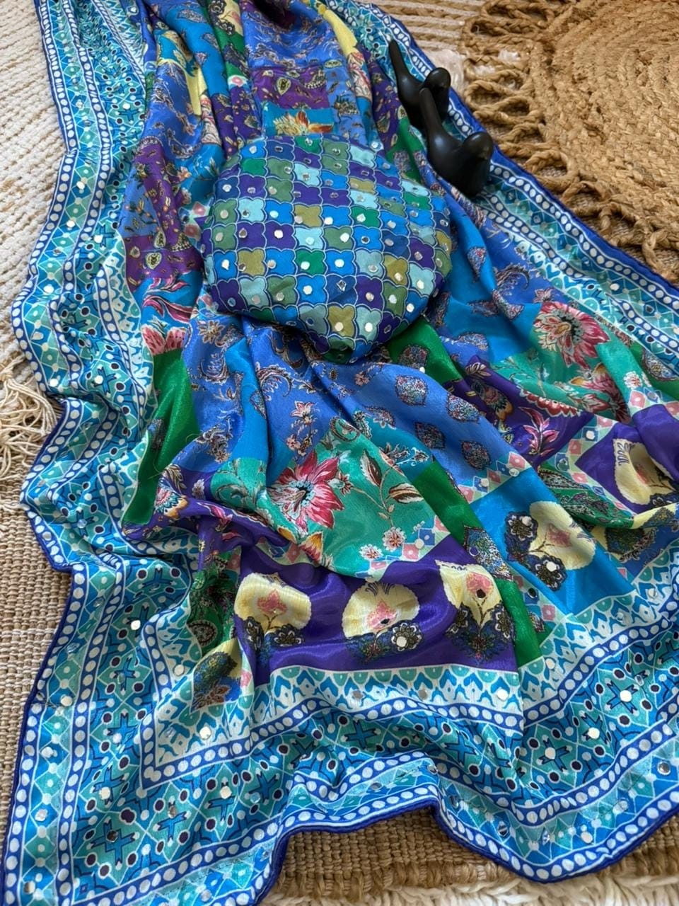 Mirror Work Printed Chinnon Silk Saree with Blouse