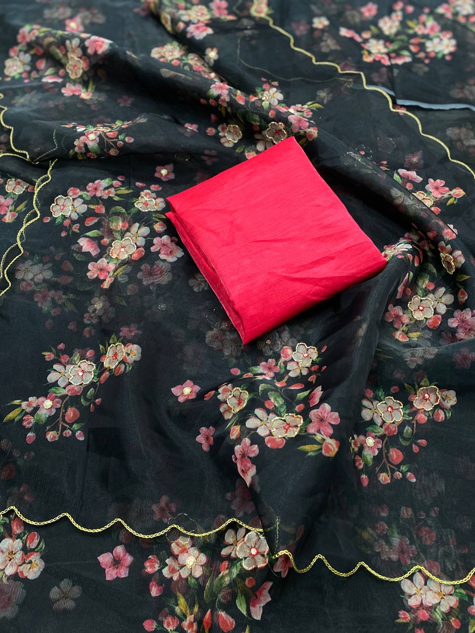 organza silk hand work digital printed saree