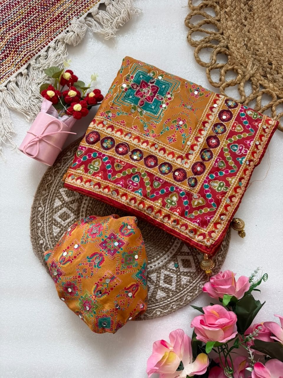 Shiny Chinnon Silk Fabric Ajarakh Print Ari Work Saree