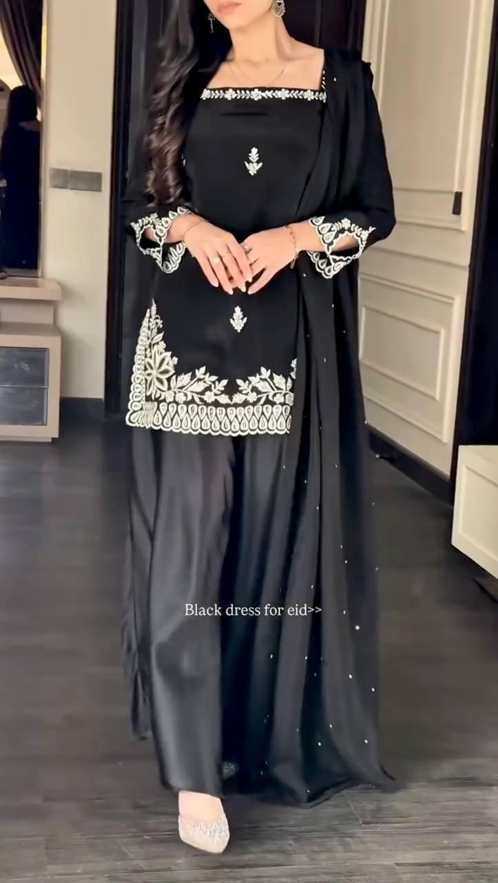 Elegant Heavy Natural Crep Top Palazzo Set with Tibby Silk Moti Work Dupatta