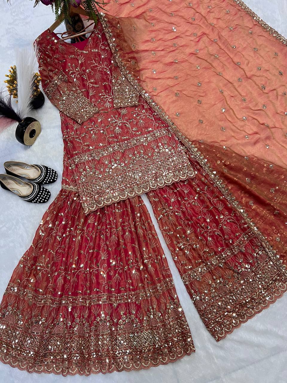 Elegant Heavy Fandy Crushi Silk Sharara Set
