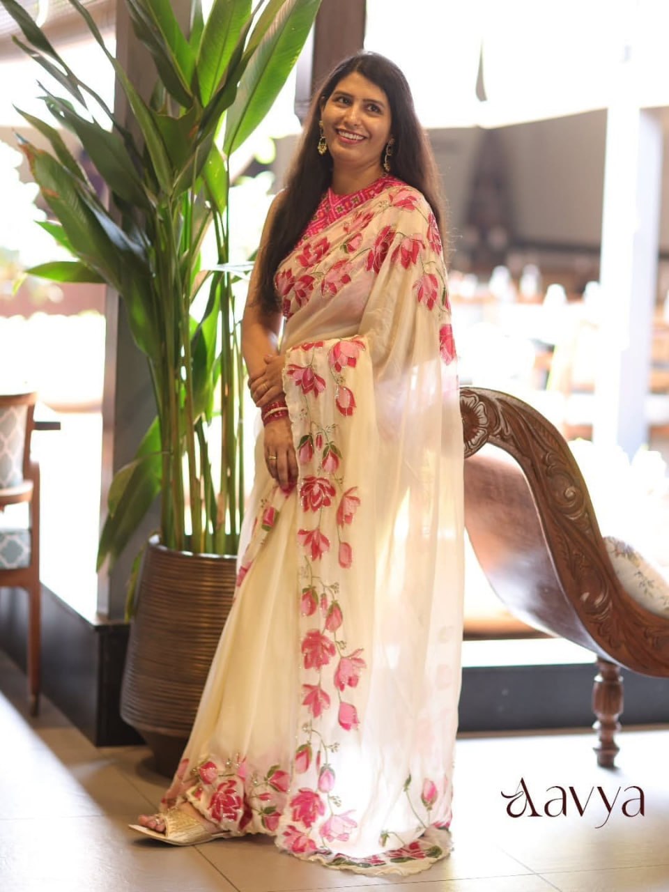 Floral Printed Soft Tabby Silk Saree with Handcrafted Beads & Katdana Bhungli Border Work
