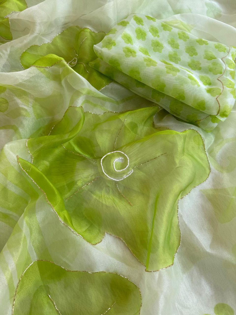 Green Color Organza Silk Digital Printed Hand Work Saree Blouse