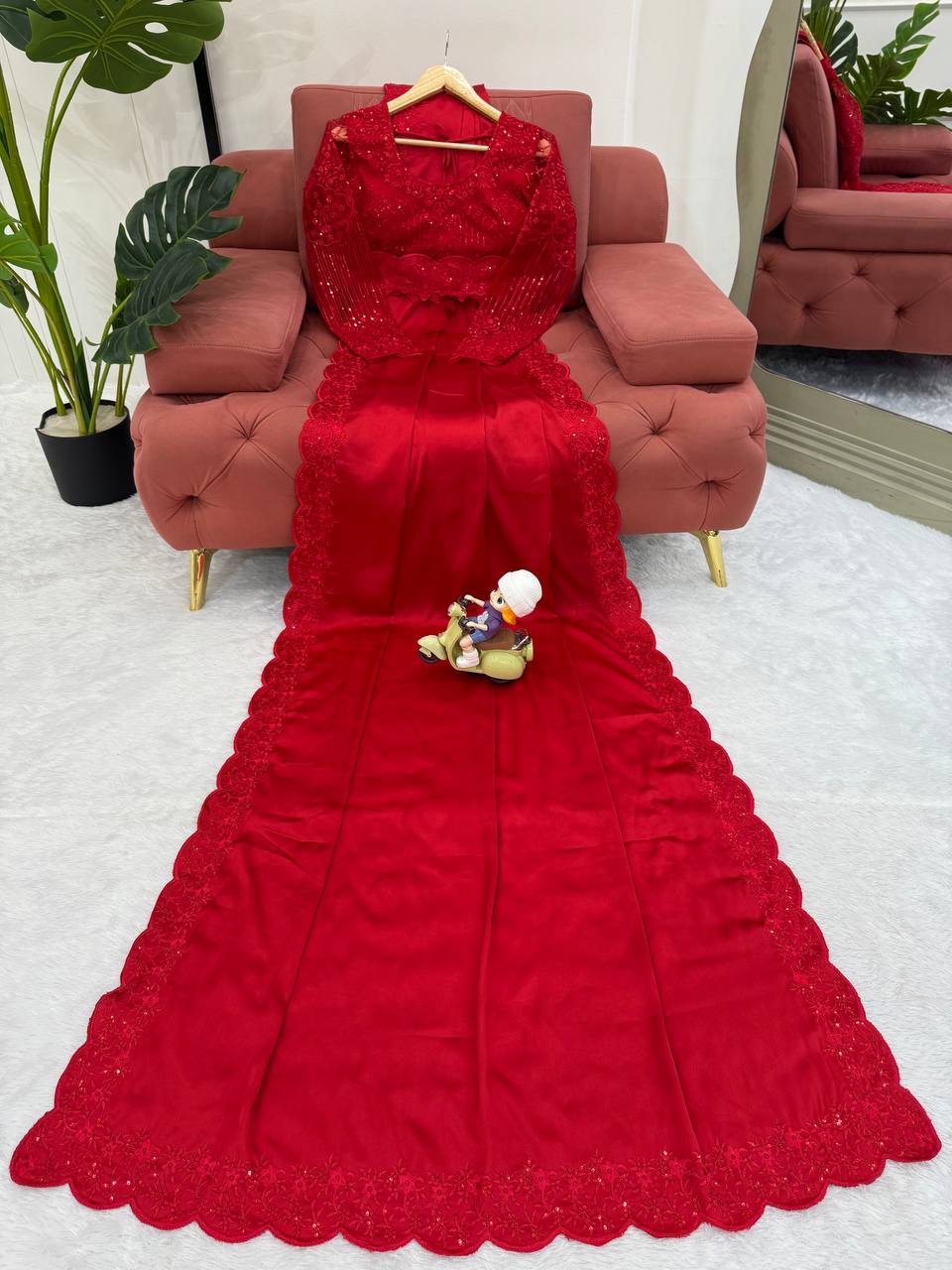Party Wear RED Color Satin Silk Sequence Thread Work Saree Blouse