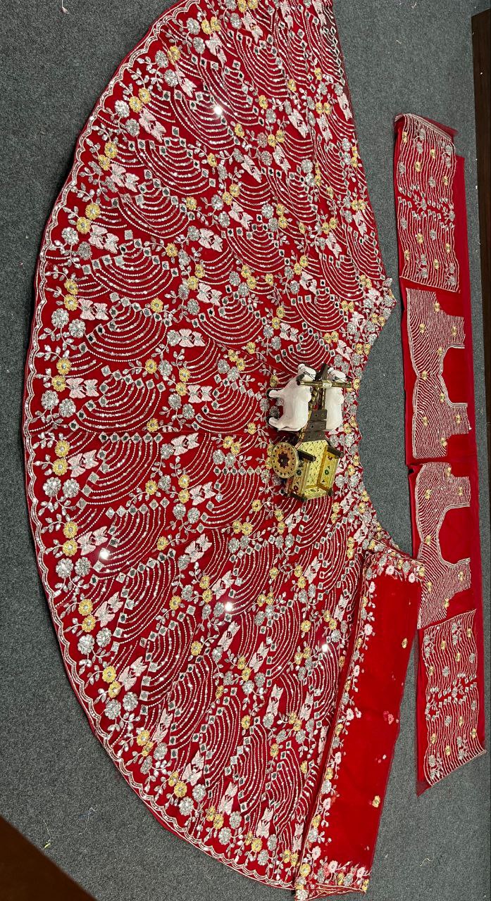 Red Net Party Wear Lehenga For Women
