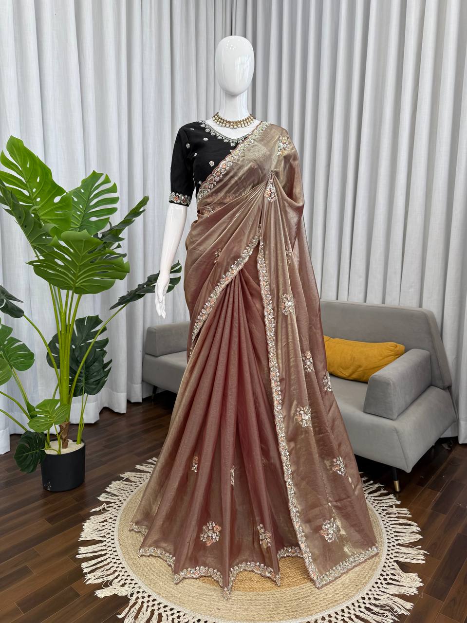 Premium Fendy Silk Saree with Hand-Crafted Beads & Sequence Embroidery