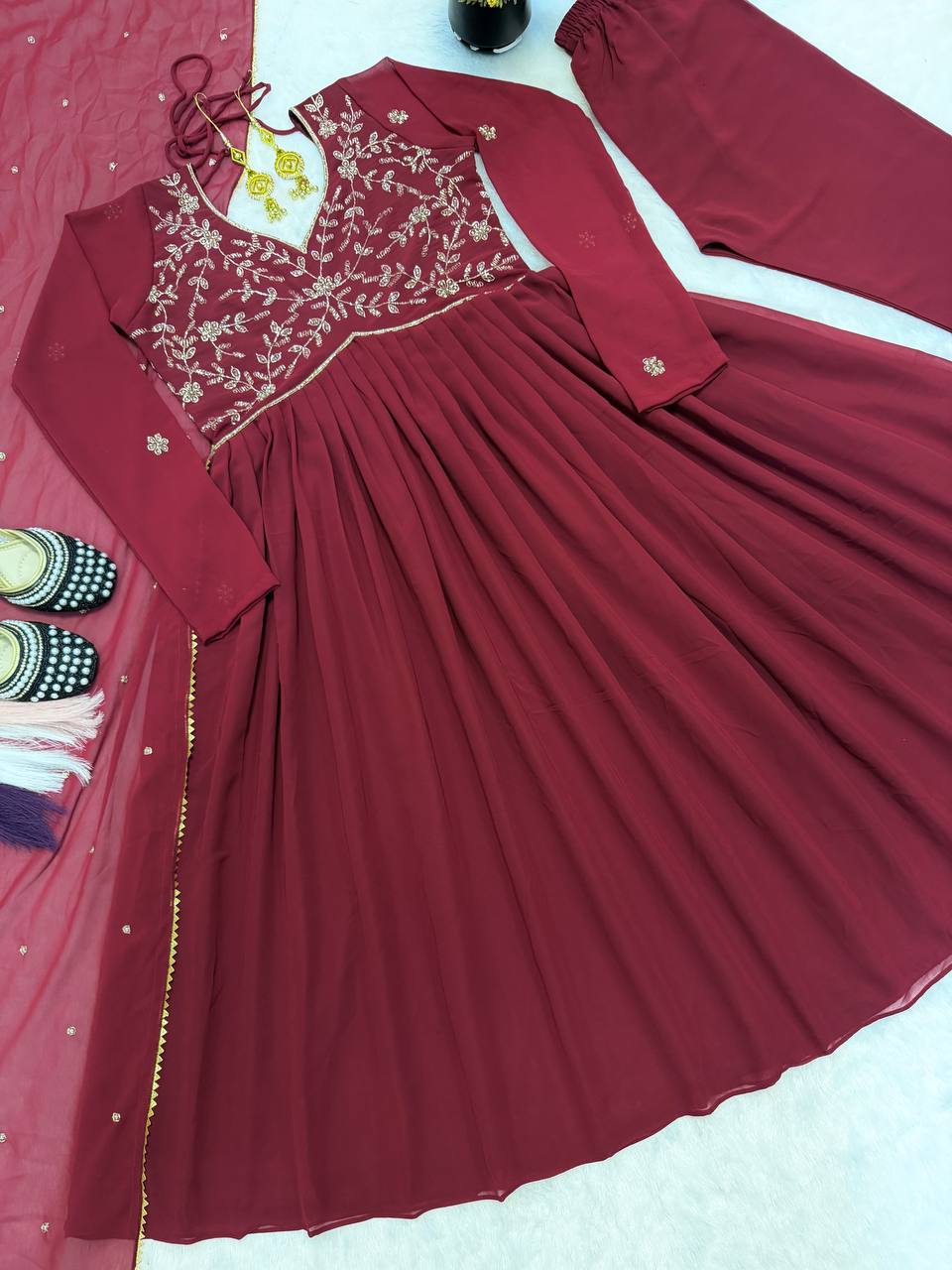 Elegant Faux Georgette Gown Set with Hand-Crafted Beading