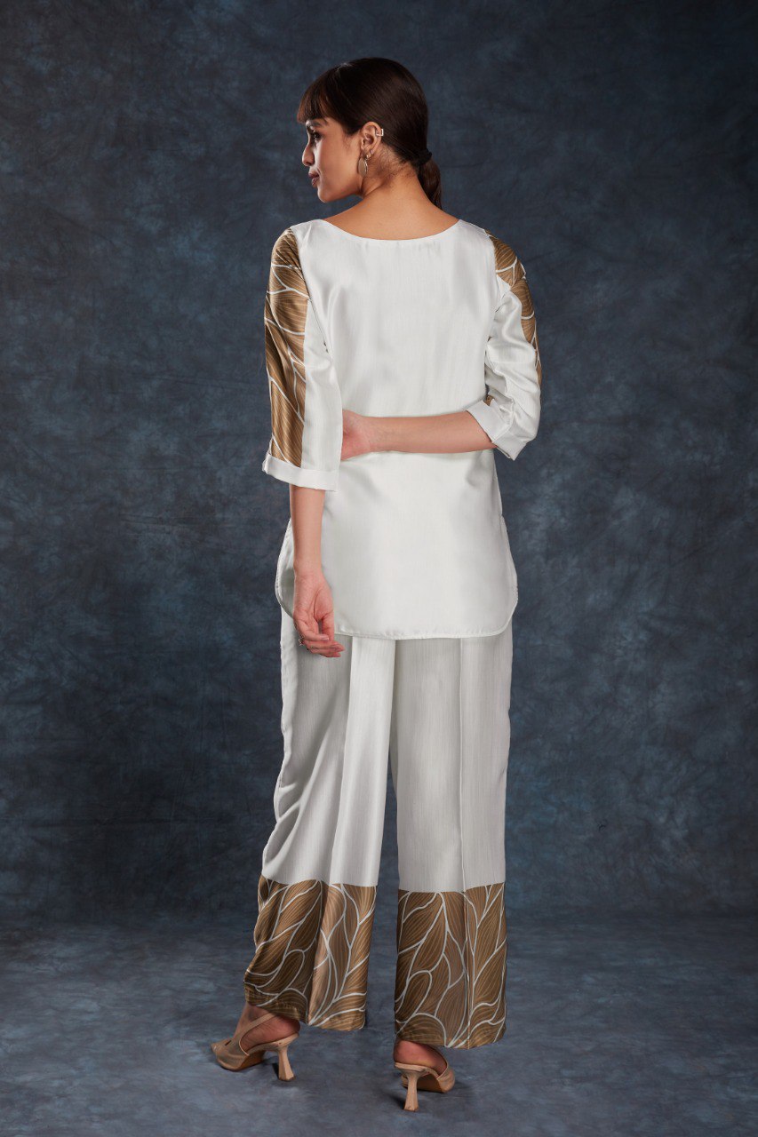 White Color Satin Printed Co-Ord Set