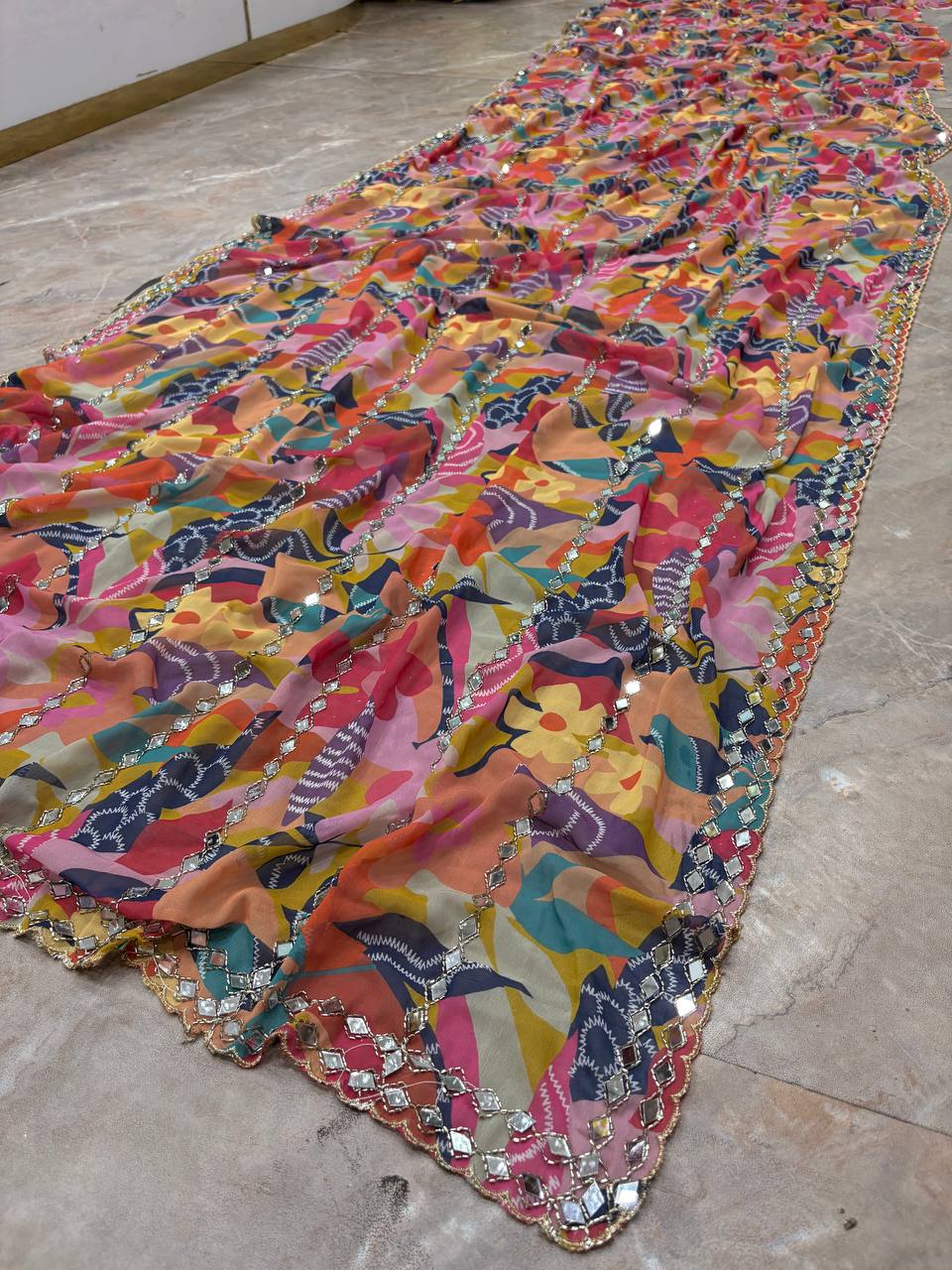 Elegant Digital Printed Star Georgette Saree with Handcrafted Real Mirror & Bead Embellishments