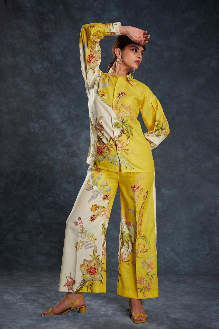 Yellow Color Printed Linen Co-ord Set