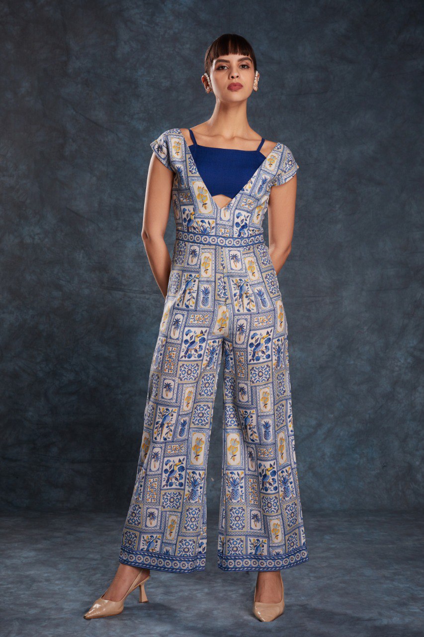 Blue Color Linen Printed Jump Suit