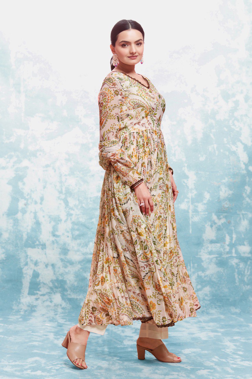 Cream Color Chiffon Digital Printed Anarkali Top Pant Dupatta