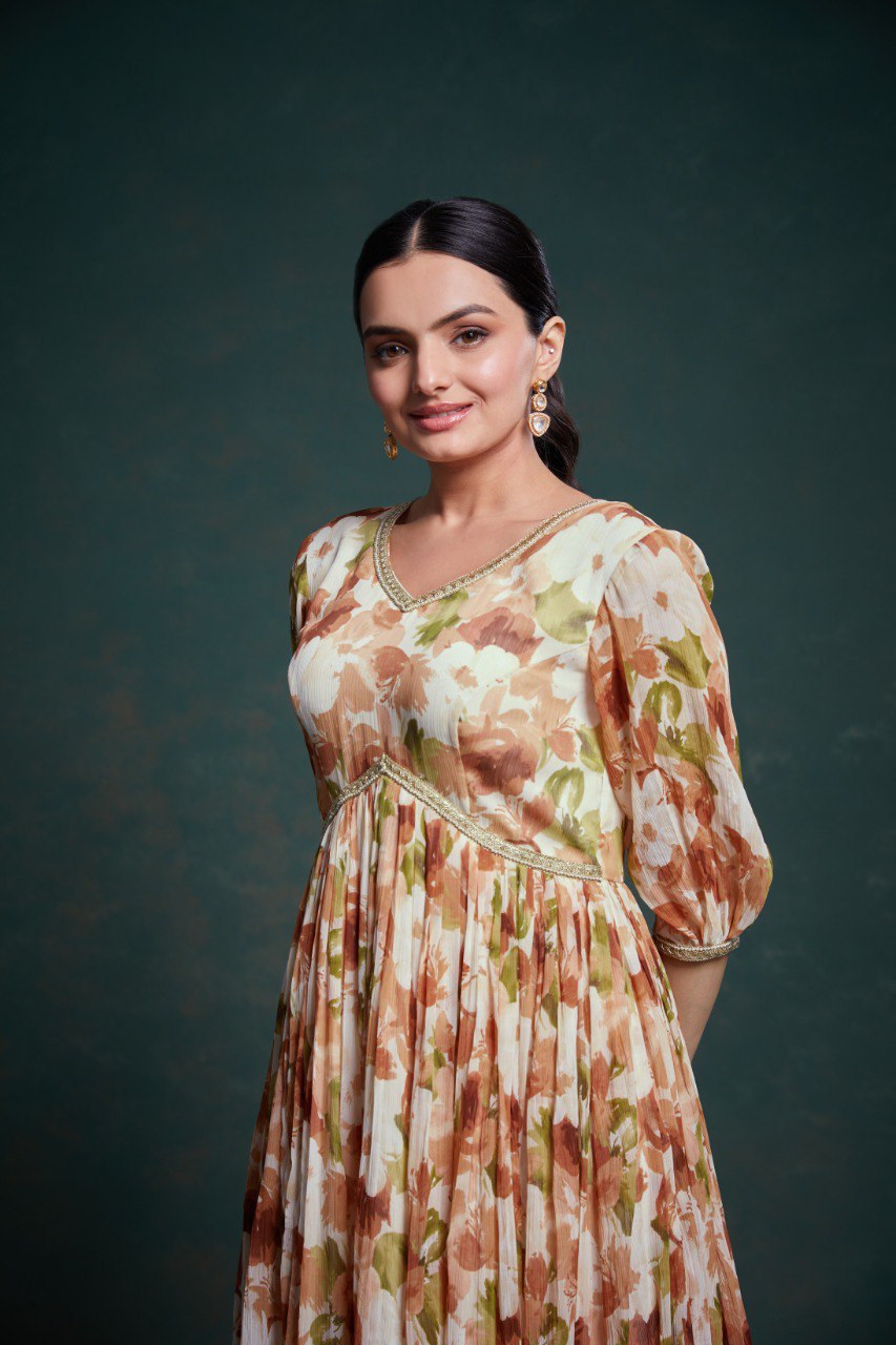 Party Wear Cream Color Chiffon Gown
