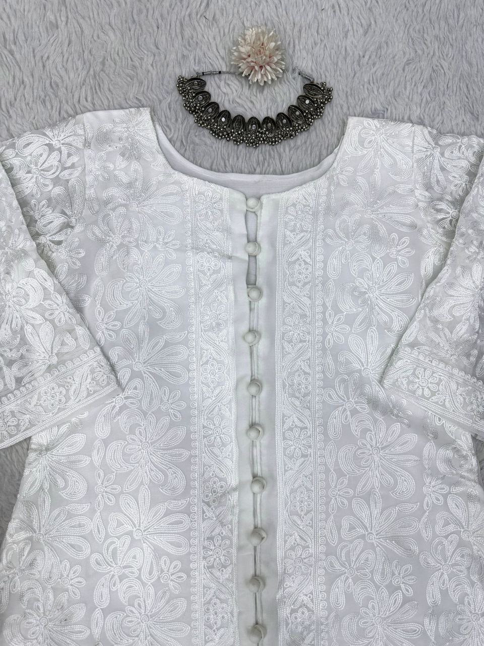 Attractive Embroidered White Georgette Chain-Stitch Kurti With Pent