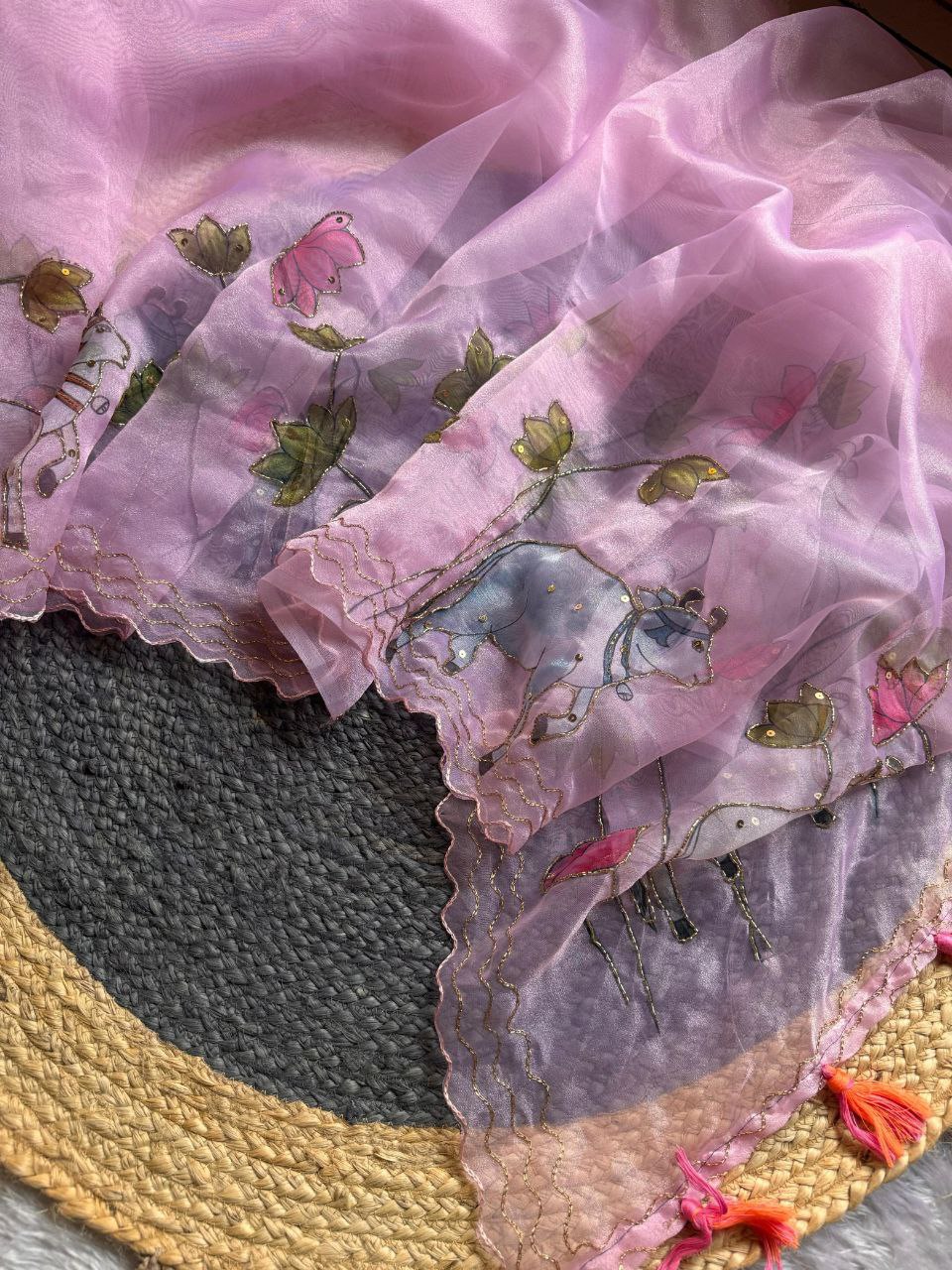 Organza Khatli Work Printed Saree Blouse