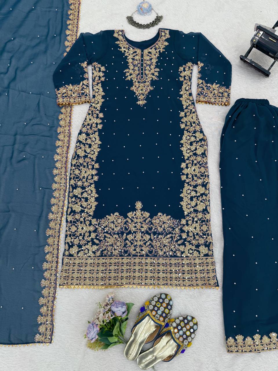 Faux Georgette Dress with Coding & Sequence Work | 3-Piece Plazo Suit