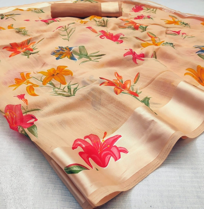 Sensational Cream Satin Patta Cotton Saree for Party Wear
