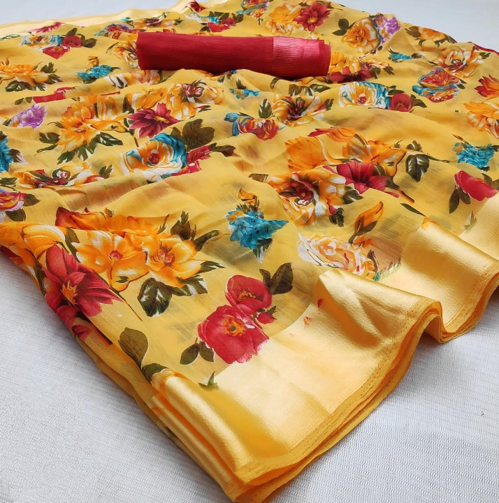 Striking Mustard Cotton Satin Patta Saree for Party Wear