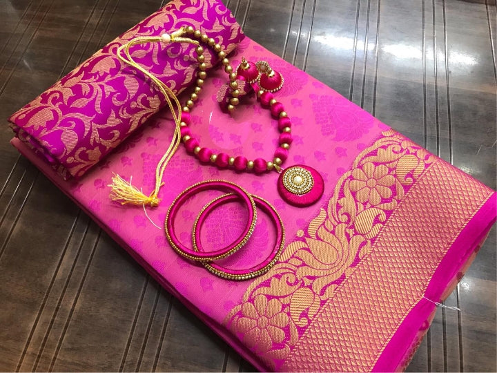 Magnificent Rani Colored Tusser Silk Saree With Earings Necklace Bangles Set for Party Wear
