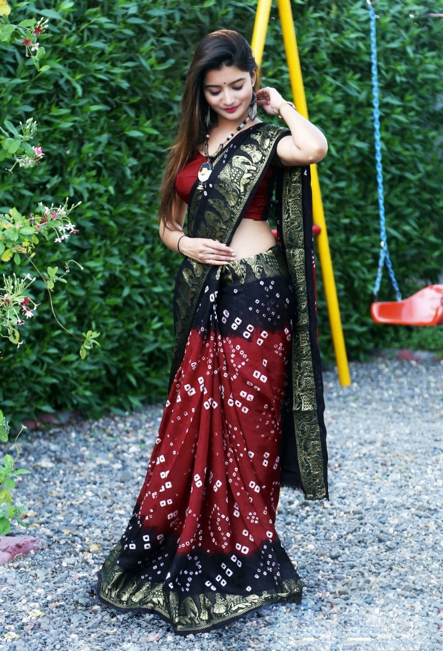 Splendid Navy Blue & Maroon Bandhej Silk With Zari Weaving Border Saree for Party Wear