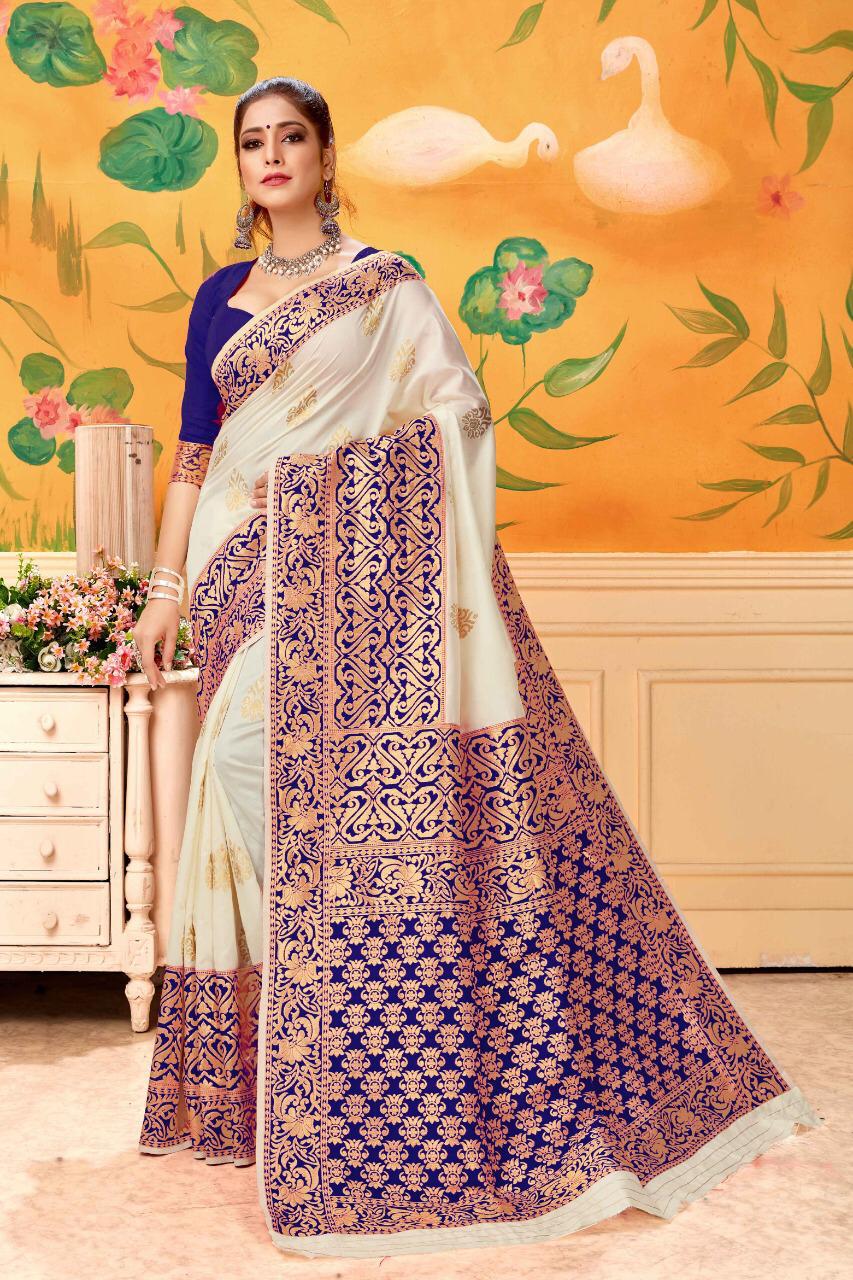 Remarkable Cream & Purple Banarasi Kota Silk Function Wear Saree for Party Wear