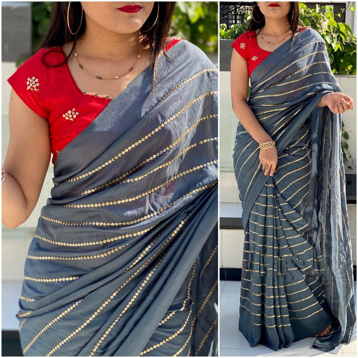 Beauteous Red & Grey Georgette With Embroidered Work Saree for Party Wear