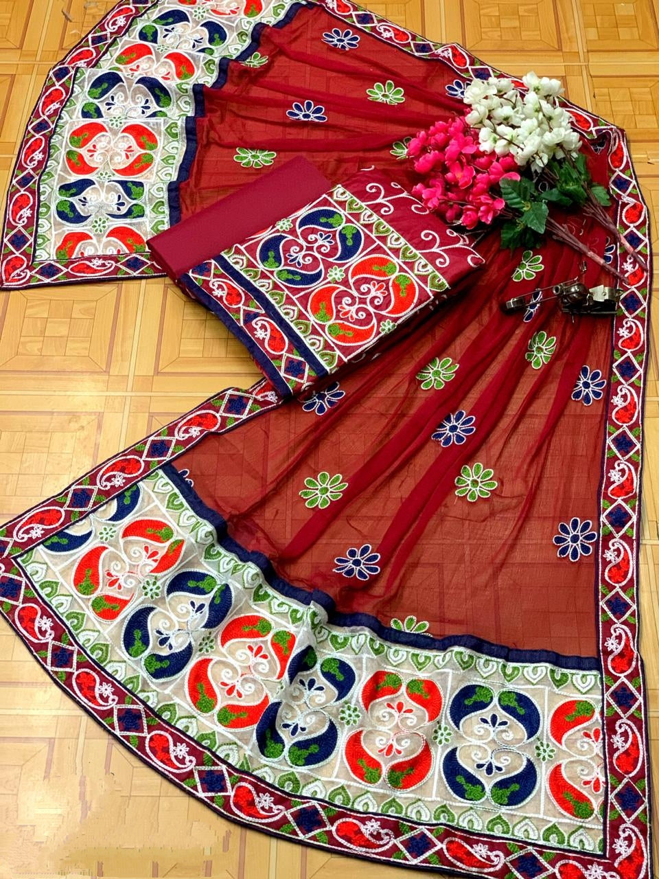 Impressive Red Cotton With Daman Lace Aari Work Salwar Suit for Party Wear