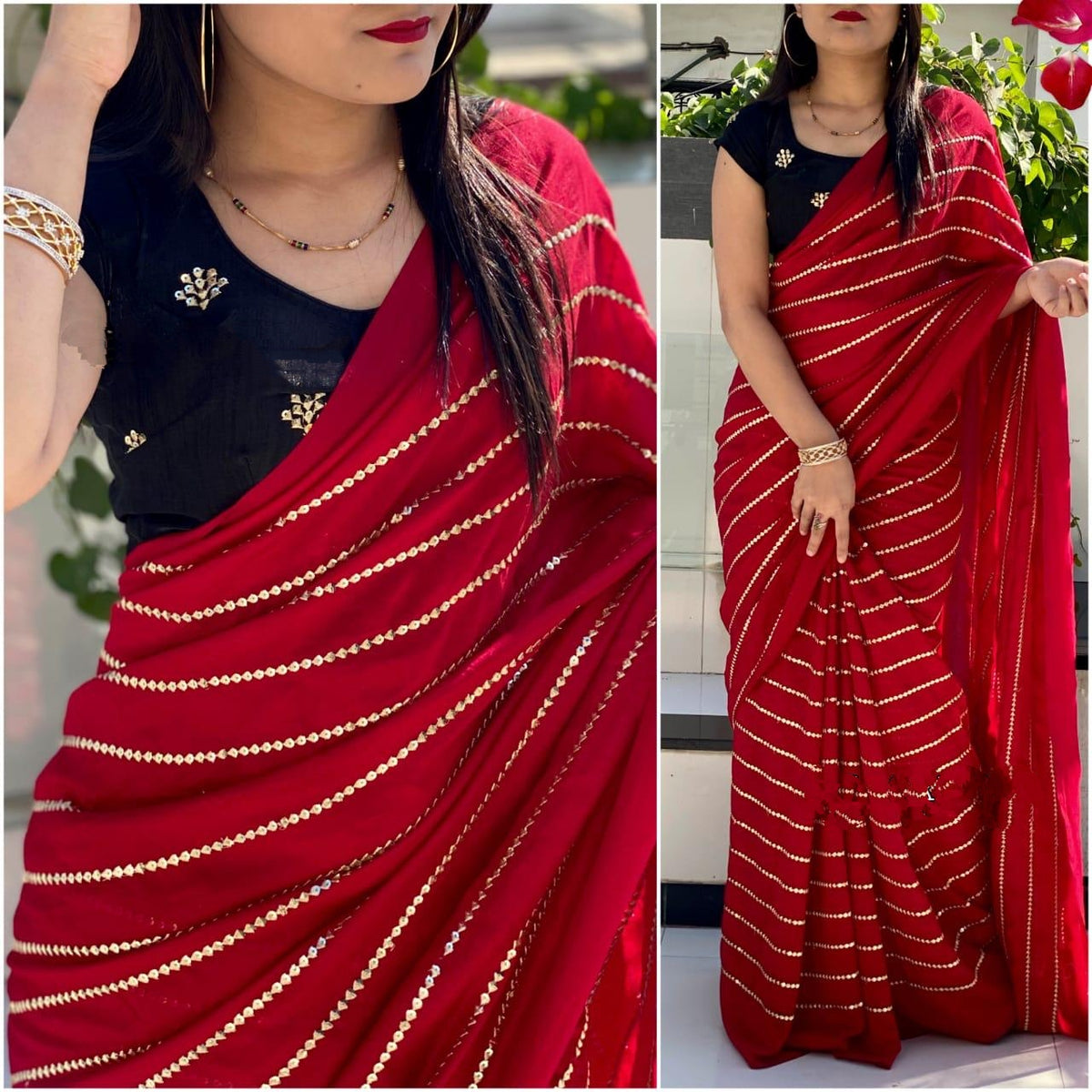 Pretty Dark Blue & Red Georgette With Embroidered Work Designer Saree Online