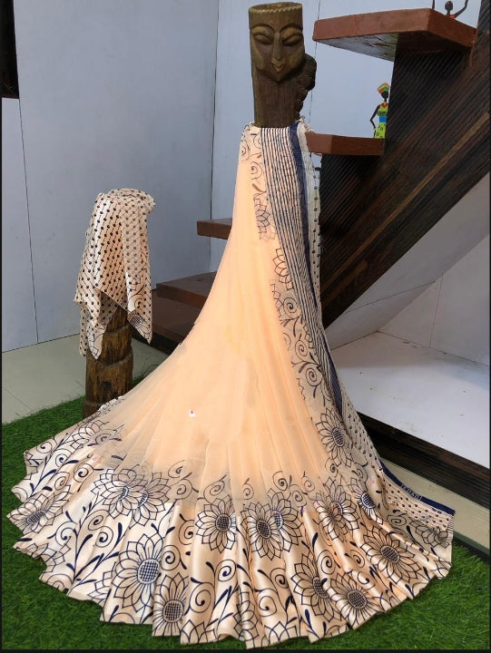 Captivating Light Peach Sartin Patta Border Digital Printed Designer Saree Online