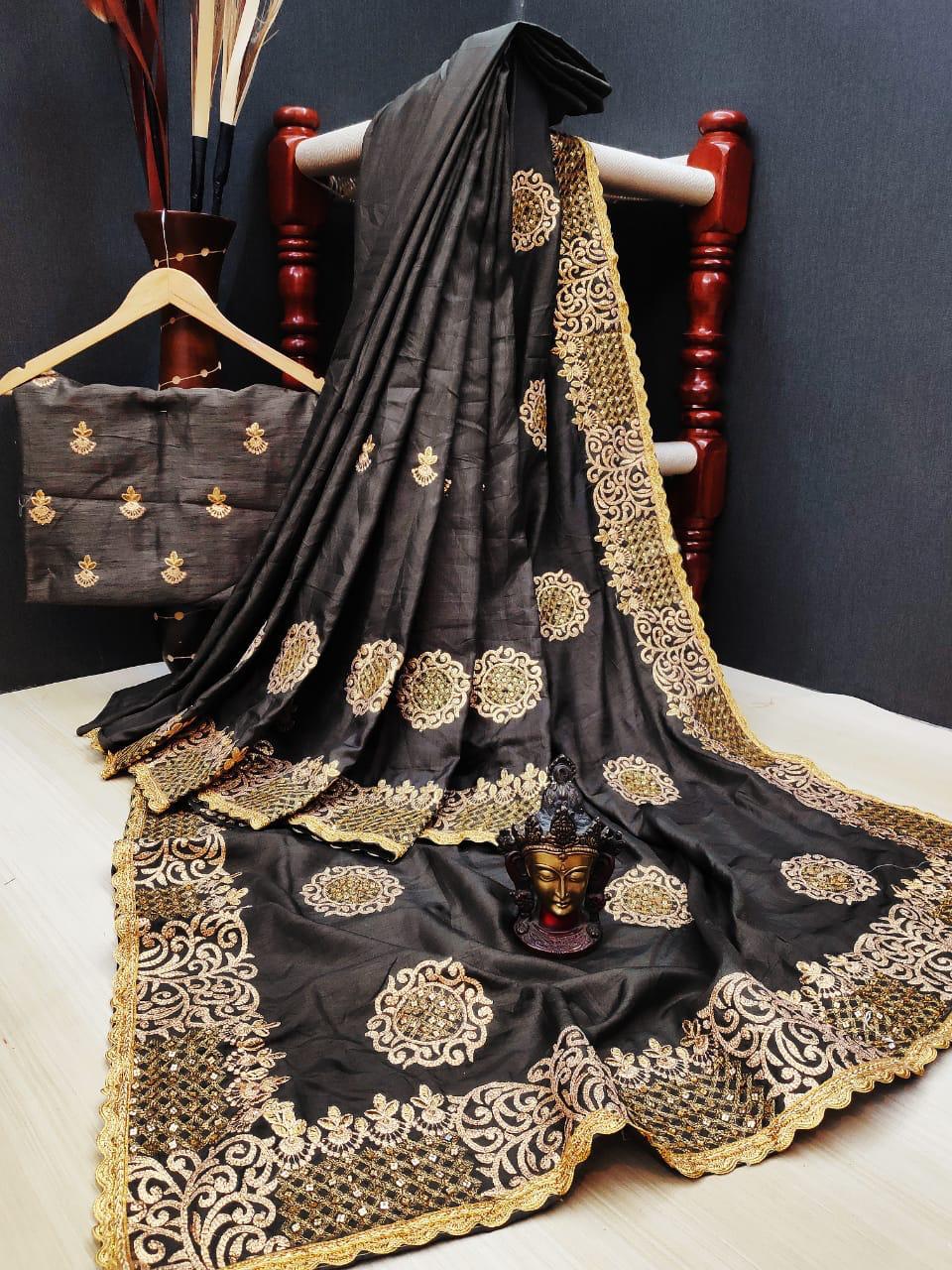 Knockout Dark Grey Silk With Jari Embroidered Multi Thread Diamond Work Designer Saree Online