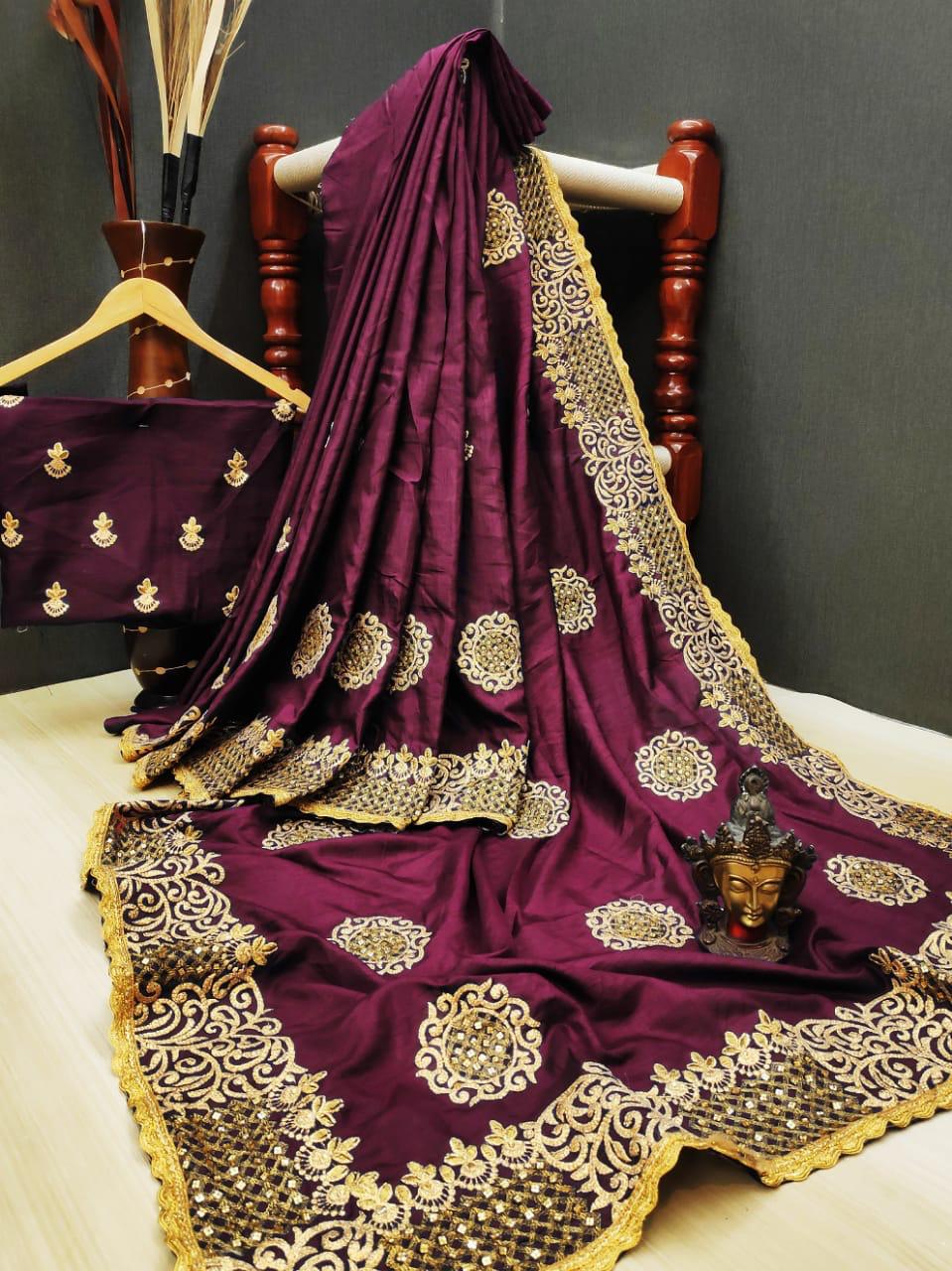 Smashing Wine Colored Silk With Diamond Embroidered Work Designer Saree Online