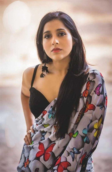 Remarkable Grey Digital Printed With Satin Silk Designer Saree Online