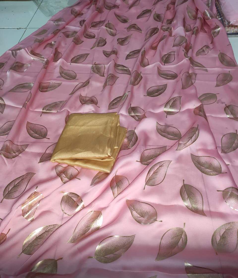 Fab Baby pink Imported Silk Foil Print Designer Saree Online with plain blouse