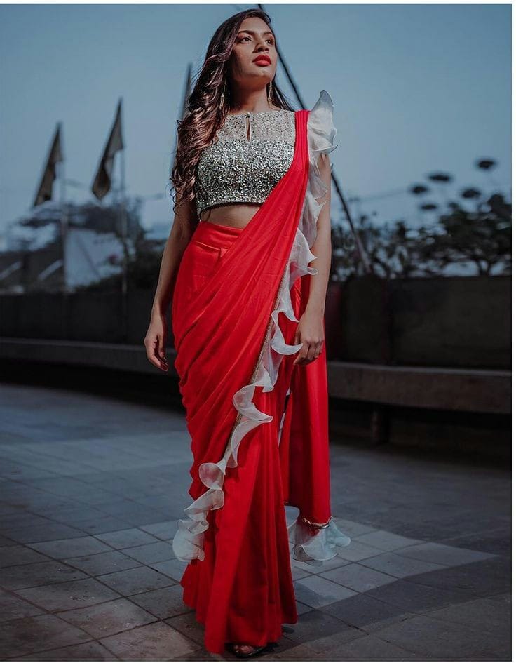 Charming Red Silk With Ruffle Sequence Lace Designer Fancy Saree Online