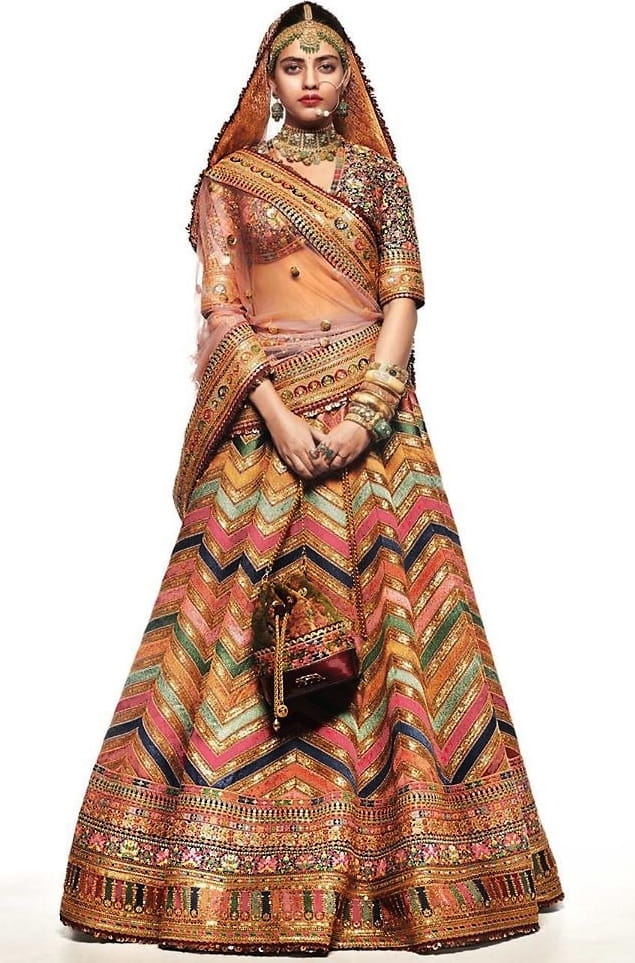 Phenomenal Multi Colored Zig Zag Gotta Satin Digital Printed New Lehenga Choli Design Online