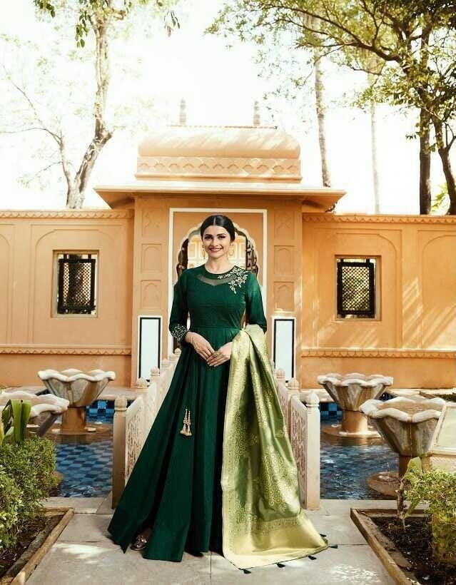 Breathtaking Dark Green Cotton Satin Silk With Embroidered Work Gown