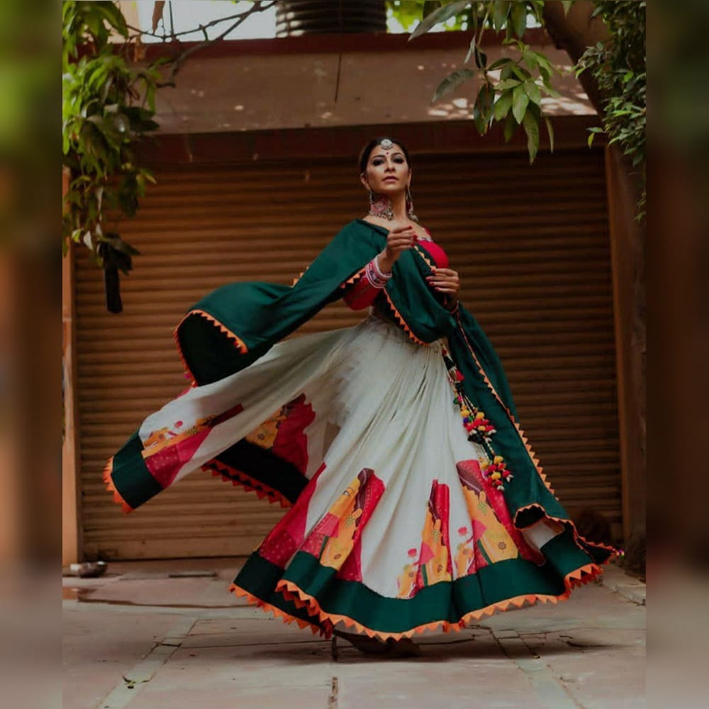 Comely Pista & Maroon Crape Silk Digital Printed Lace New Lehenga Choli Design Online