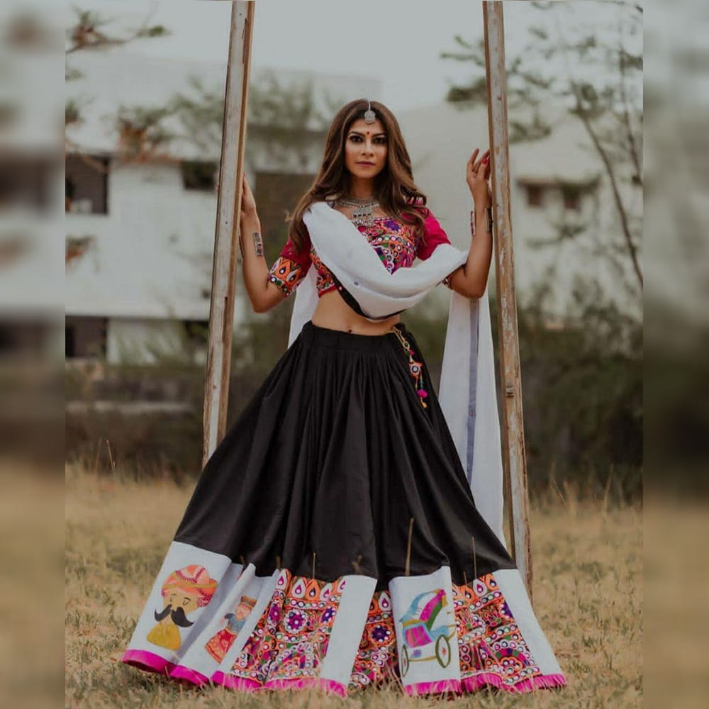 Pretty Black & Rani Crape Silk With Digital Print Lace New Lehenga Choli Design Online