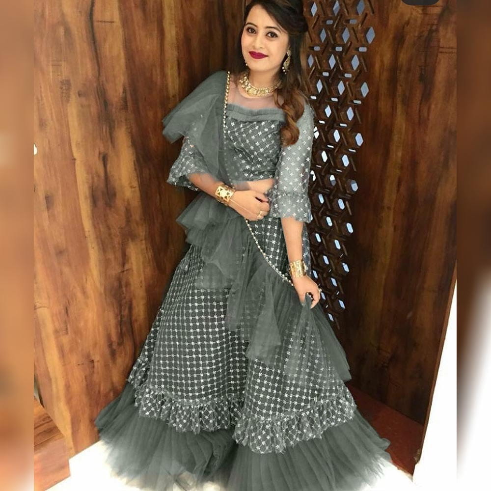 Striking Grey Chex Net Raffle Freel New Lehenga Choli Design Online
