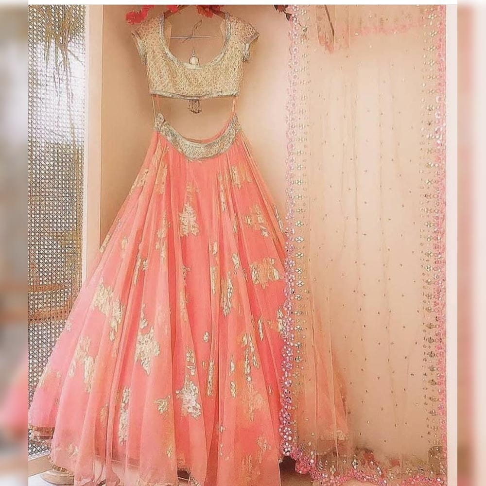 Amazeballs Peach Nylon Net With Embroidered Work New Lehenga Choli Design Online