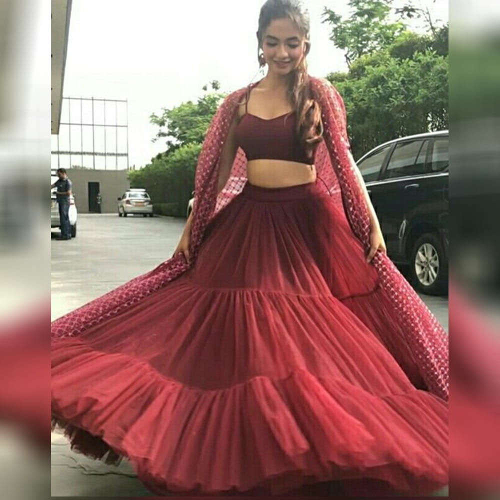Beauteous Maroon Net With Ruffle Embroidered Work Indo Western New Lehenga Choli Design Online