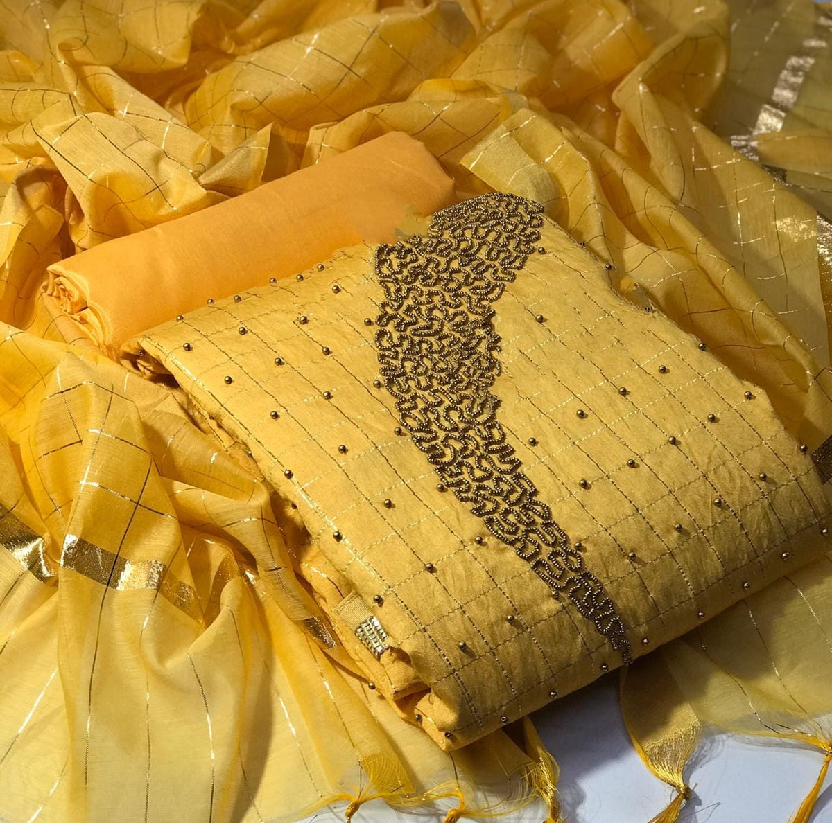 Bewitching Yellow Jacquard Chanderi Chex With Zari Work Salwar Suit