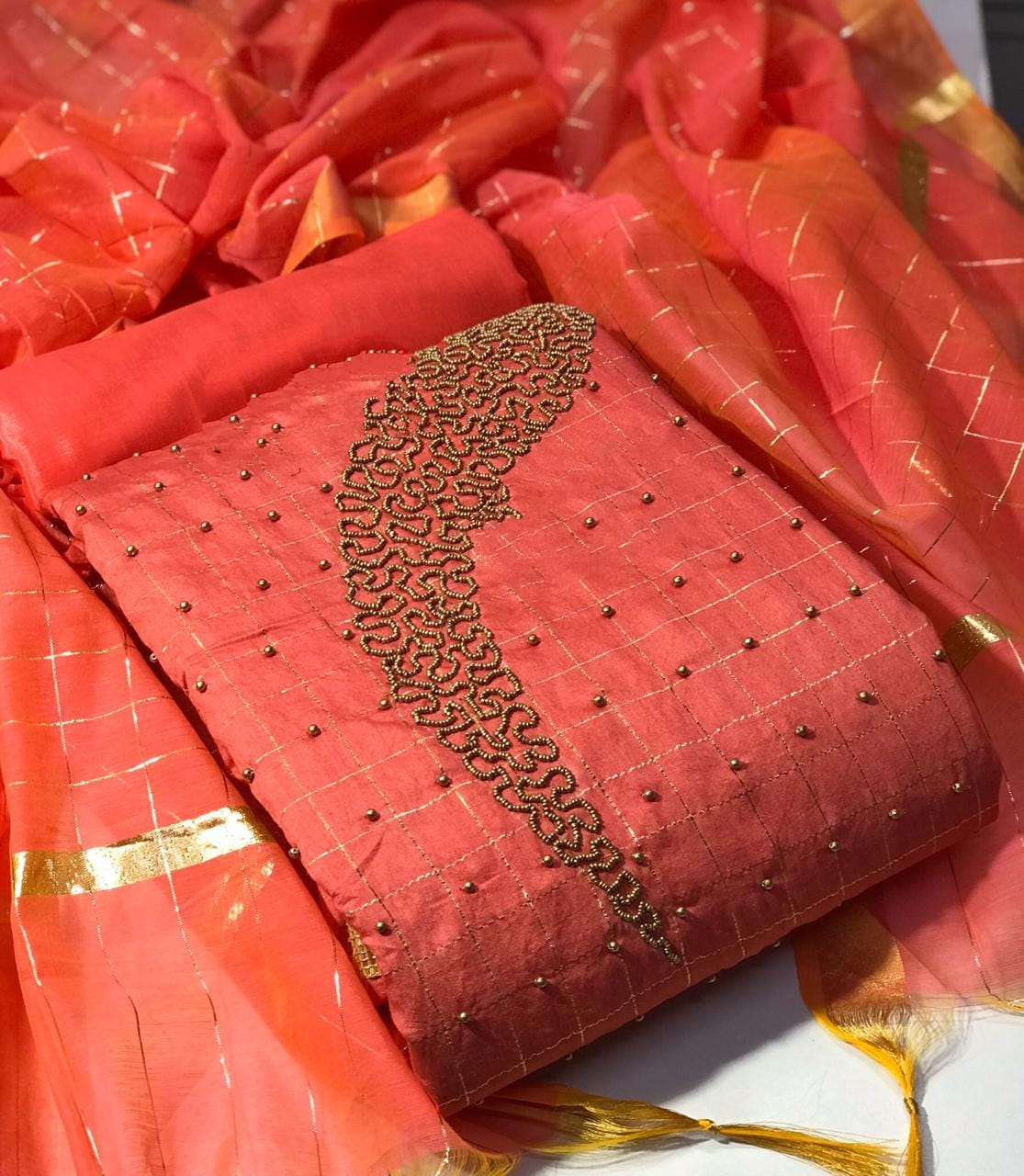 Exquisite Peach Chanderi Jacquard Zari Work Salwar Suit